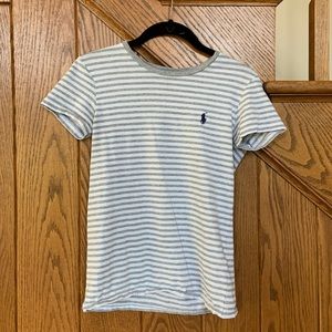 Grey and white striped polo top